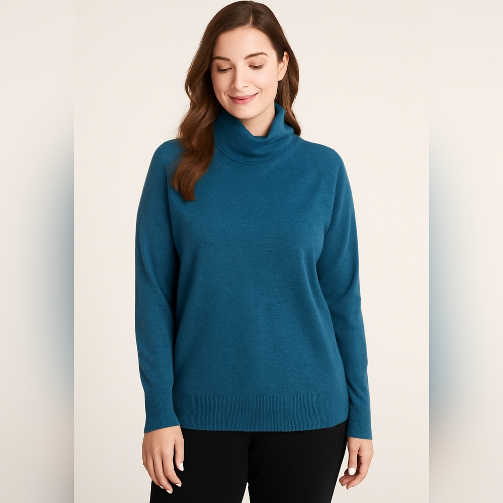 Talbots Merino Wool Cowl Neck Sweater Teal Blue Green Trim Women’s Size M
